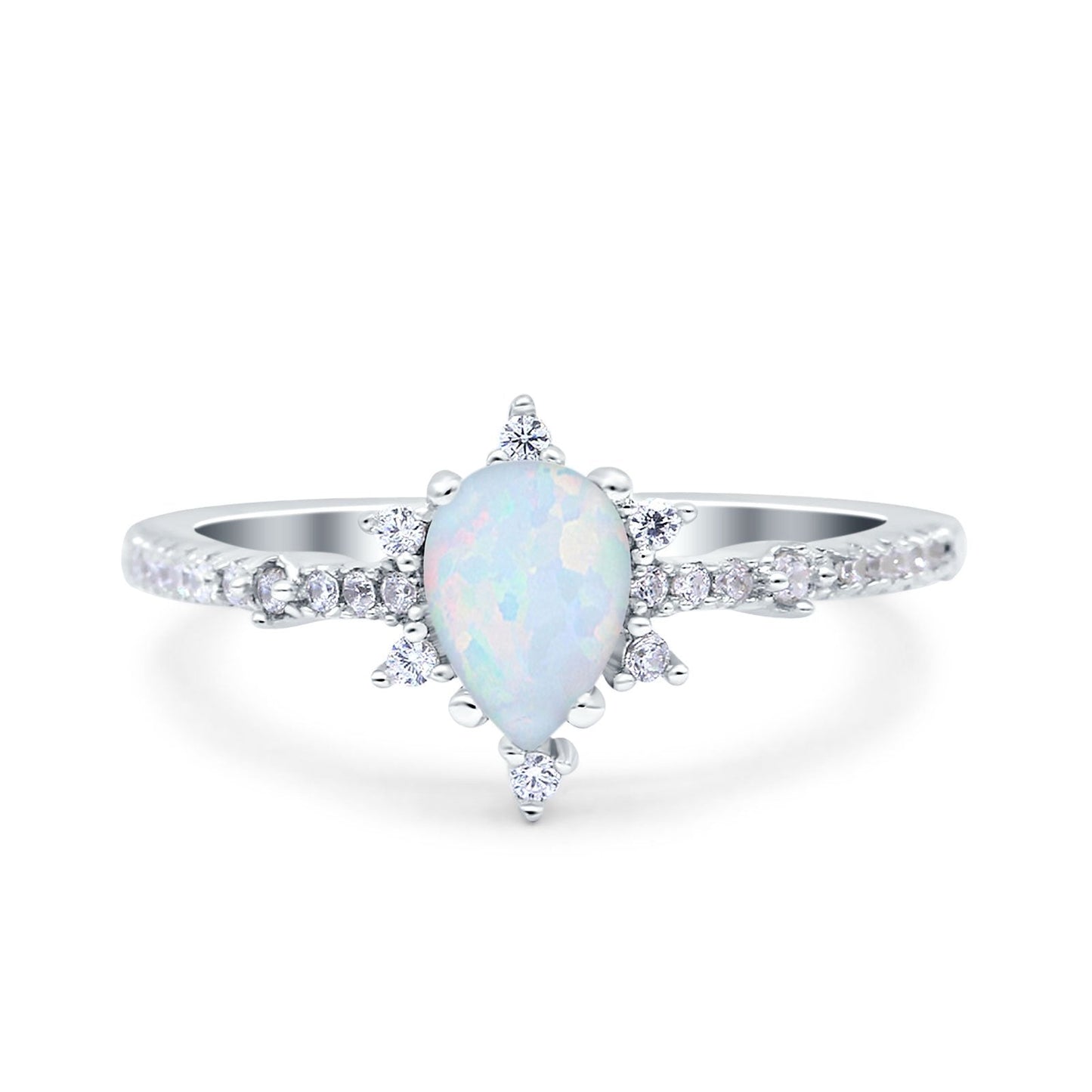 Starburst Teardrop Art Deco Pear Wedding Ring Lab Created White Opal