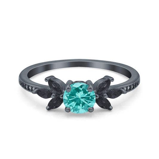 Art Deco Simulated Black Round Black Tone, Simulated Paraiba Tourmaline CZ Engagement Ring