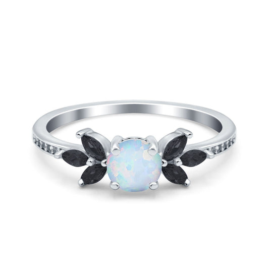 Art Deco Simulated Black Round Lab Created White Opal Engagement Ring