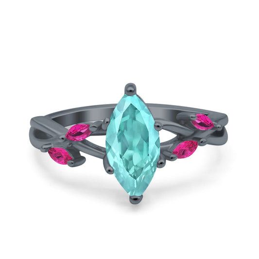 Infinity Twist Marquise Black Tone, Simulated Paraiba Tourmaline CZ & Ruby Wedding Ring