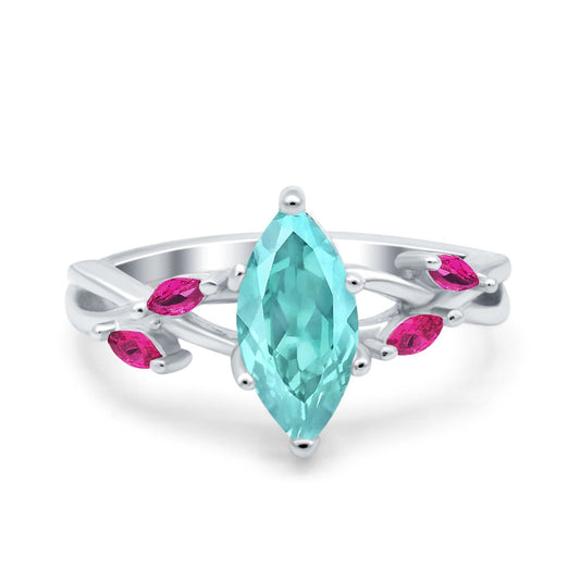 Infinity Twist Marquise Simulated Paraiba Tourmaline CZ & Ruby Wedding Ring