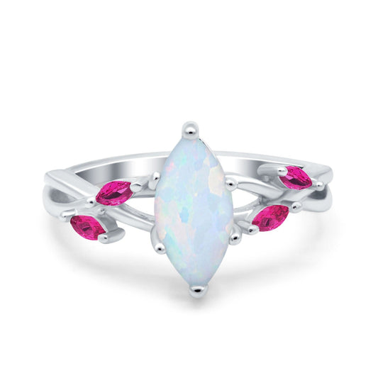 Infinity Twist Marquise Wedding Ring Lab Created White Opal & Ruby