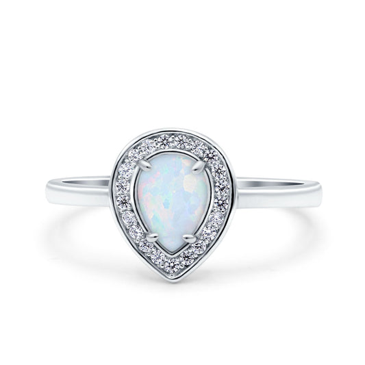 Teardrop Pear Art Deco Wedding Ring Lab Created White Opal