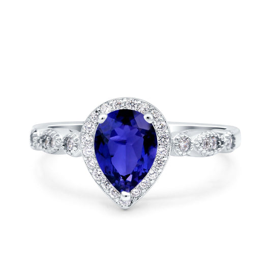 Halo Pear Engagement Ring Simulated Blue Sapphire CZ