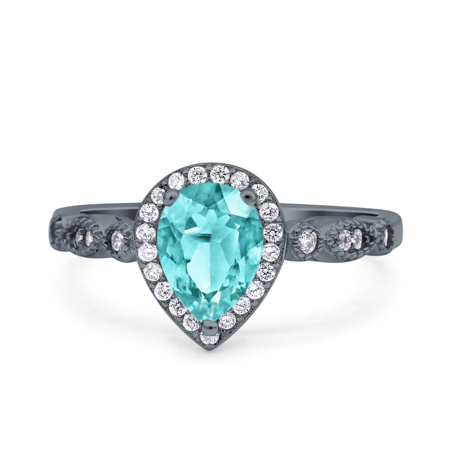 Halo Pear Engagement Ring Black Tone, Simulated Paraiba Tourmaline CZ