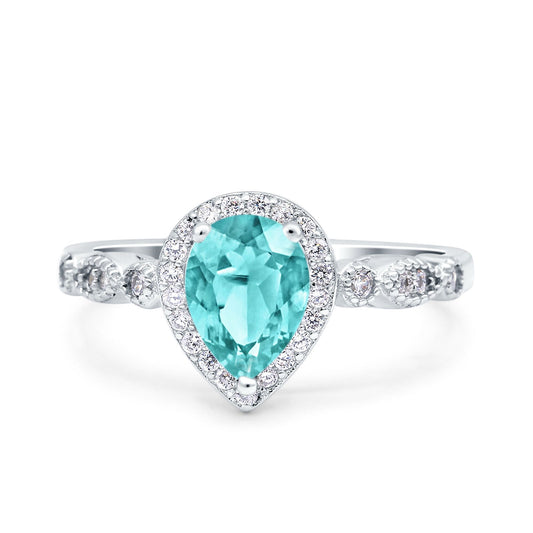 Halo Pear Engagement Ring Simulated Paraiba Tourmaline CZ