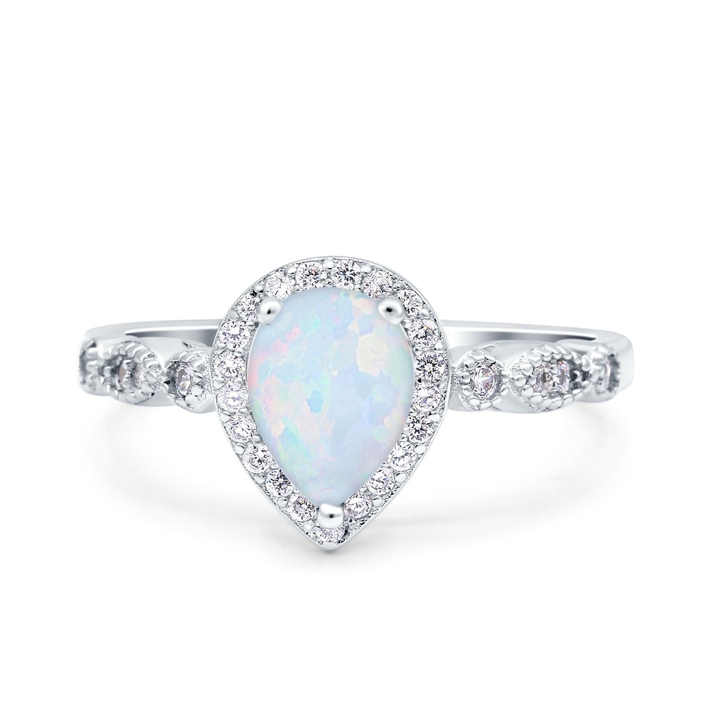 Halo Pear Engagement Ring Lab Created White Opal