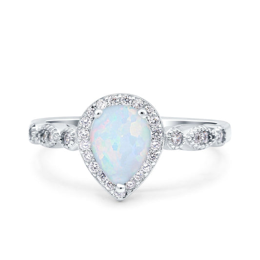 Halo Pear Engagement Ring Lab Created White Opal