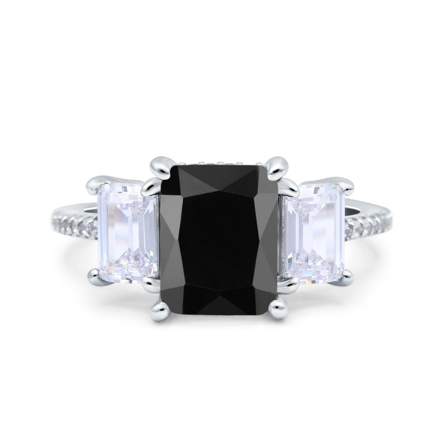 Three Stone Radiant Cut Wedding Ring Simulated Black CZ