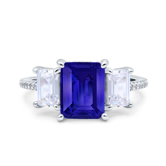 Three Stone Radiant Cut Wedding Ring Simulated Blue Sapphire CZ