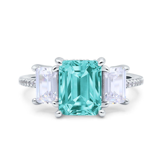 Three Stone Radiant Cut Wedding Ring Simulated Paraiba Tourmaline CZ