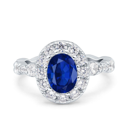 Oval Art Deco Halo Simulated Blue Sapphire CZ Wedding Ring