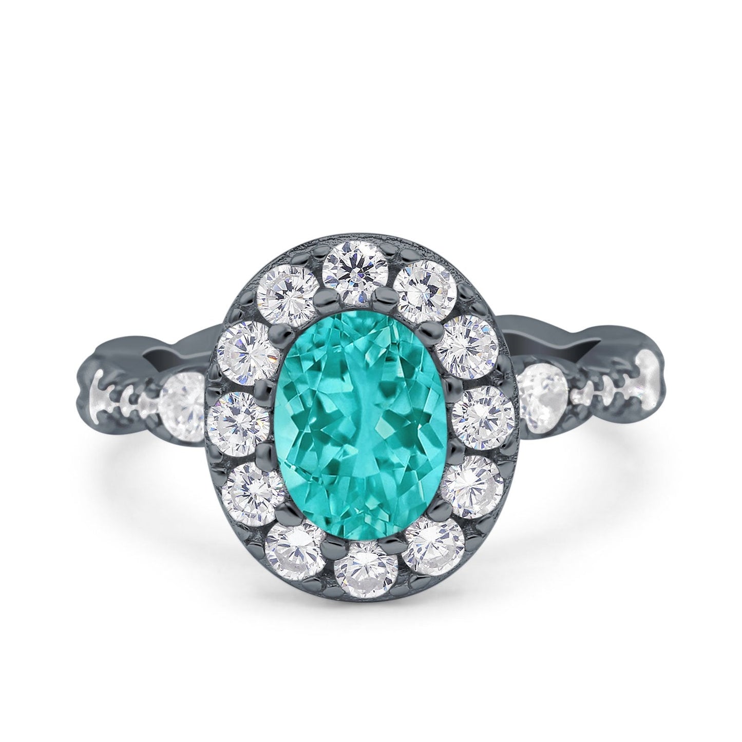 Oval Halo Black Tone, Simulated Paraiba Tourmaline CZ Bridal Ring