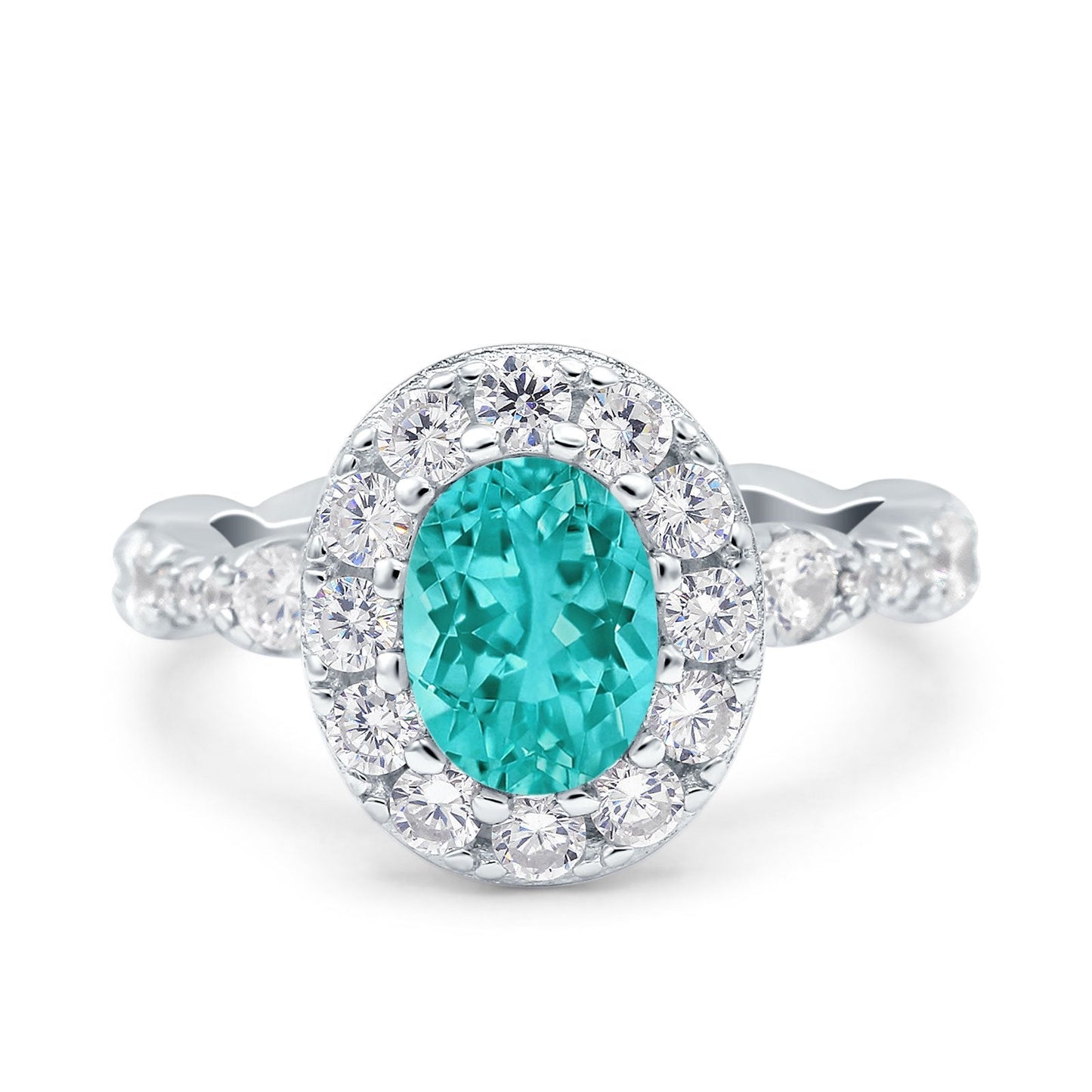 Oval Halo Simulated Paraiba Tourmaline CZ Bridal Ring