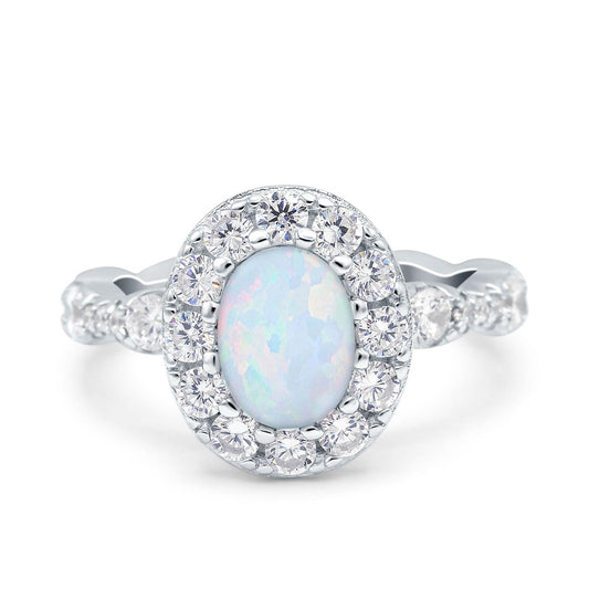 Oval Art Deco Halo Lab Created White Opal Bridal Ring