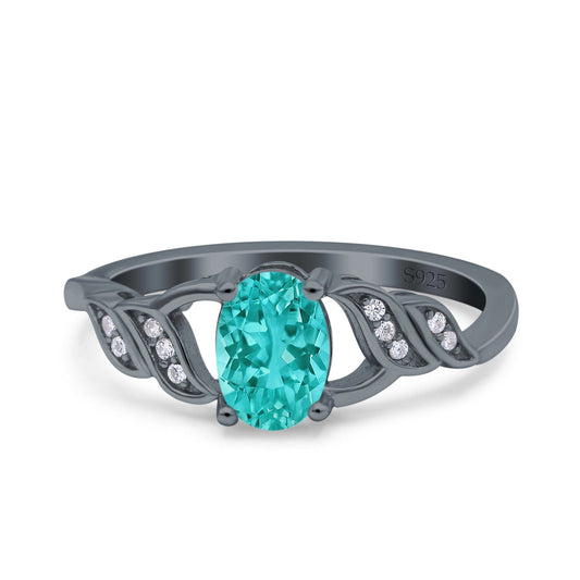 Oval Art Deco Black Tone, Simulated Paraiba Tourmaline CZ Bridal Ring