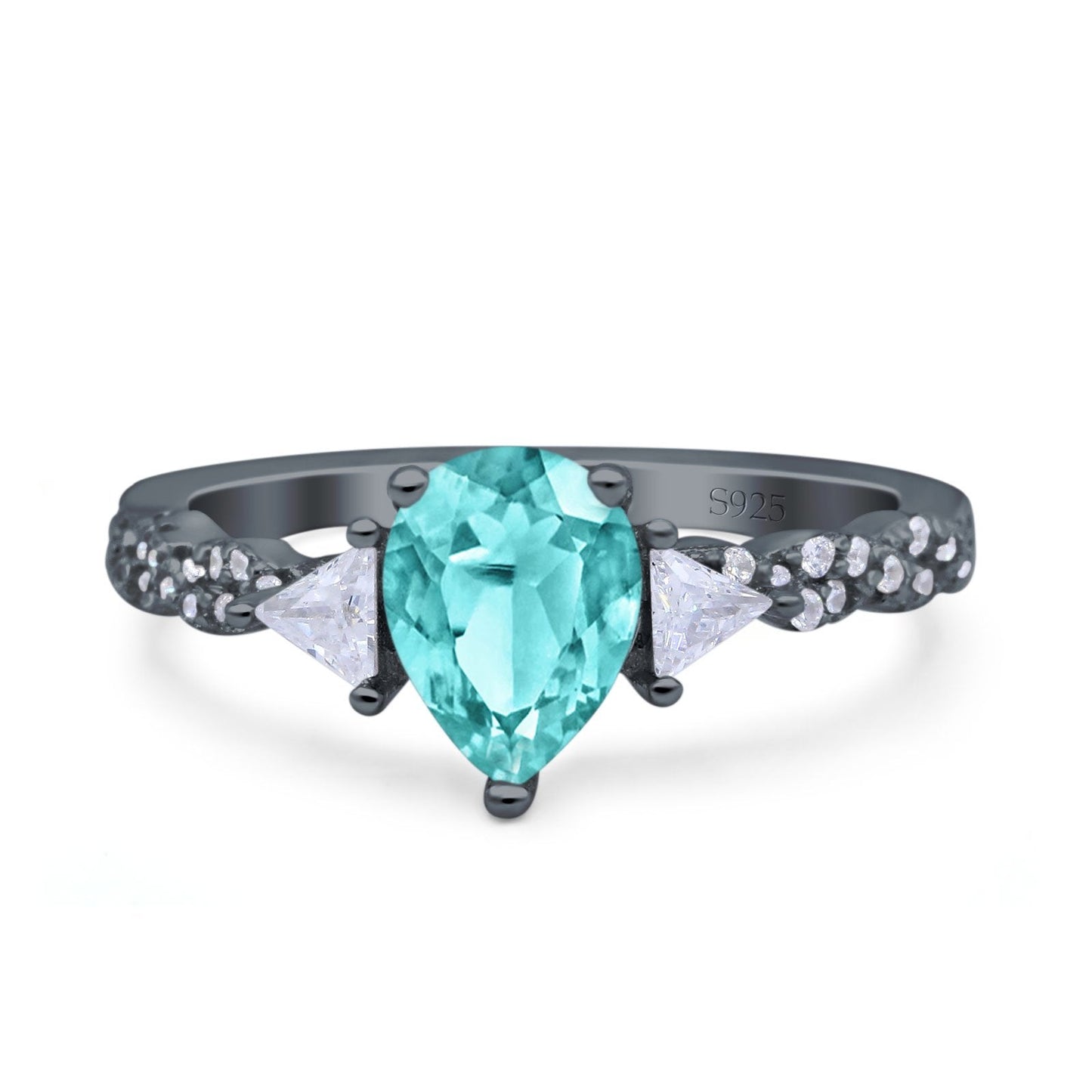 Art Deco Pear Shape Black Tone, Simulated Paraiba Tourmaline CZ Bridal Ring