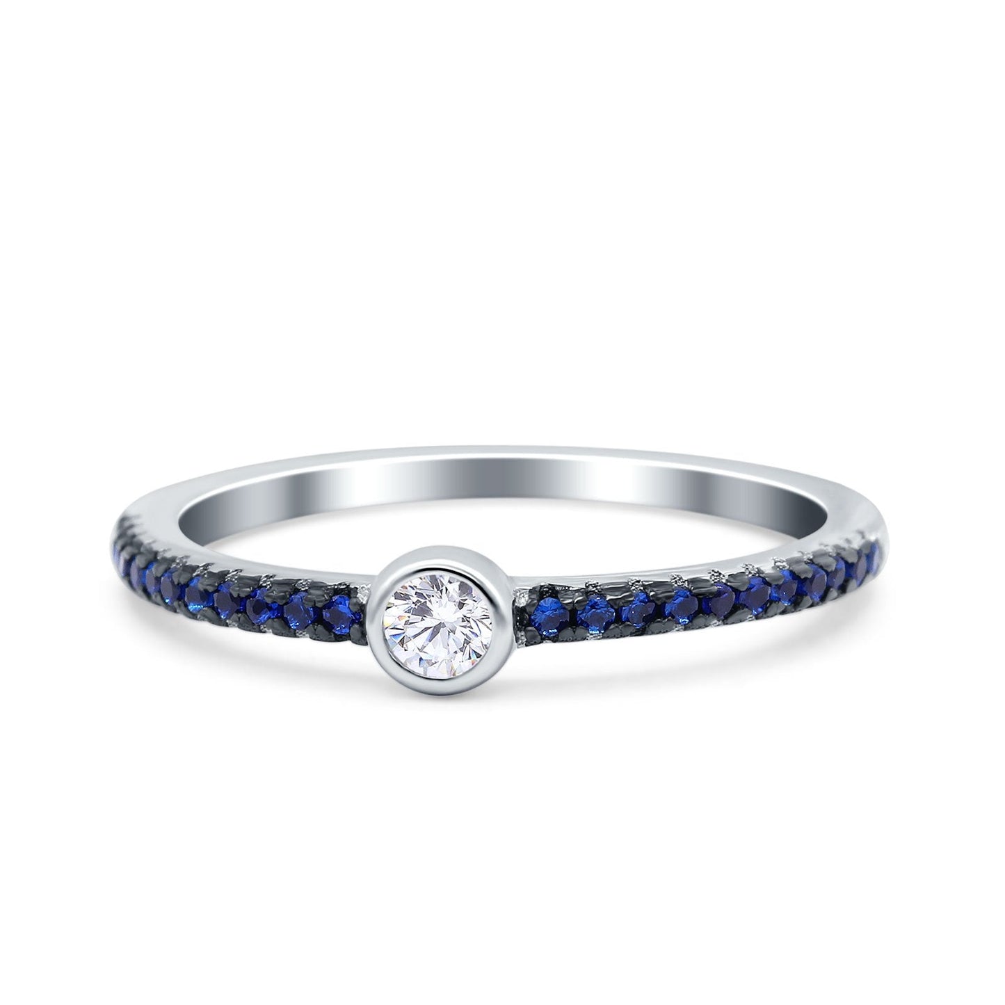 Petite Dainty Band Round Blue Sapphire Cubic Zirconia Wedding Ring