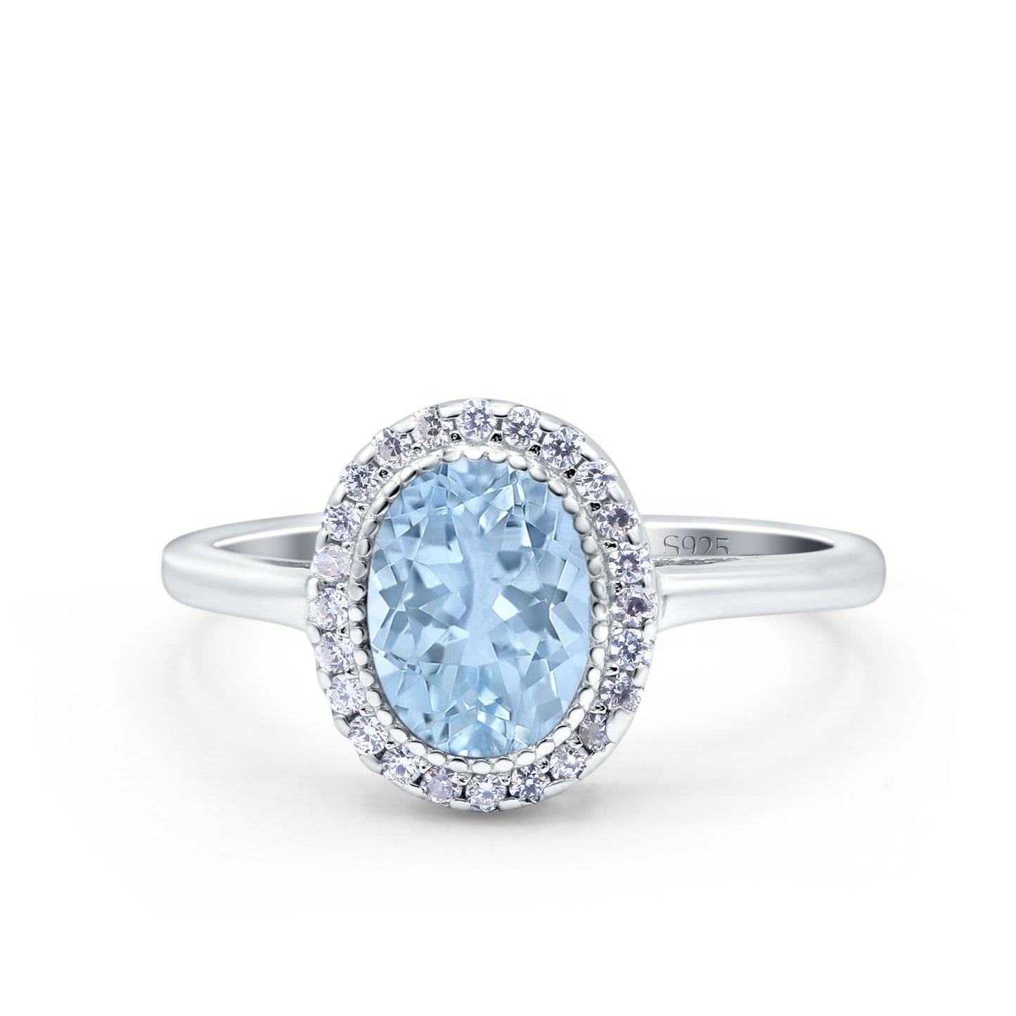 Halo Art Deco Oval Wedding Bridal Ring Simulated Aquamarine CZ