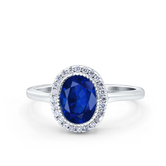 Halo Art Deco Oval Wedding Bridal Ring Simulated Blue Sapphire CZ