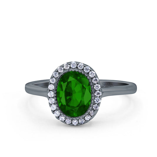 Halo Art Deco Oval Wedding Bridal Ring Black Tone, Simulated Green Emerald CZ