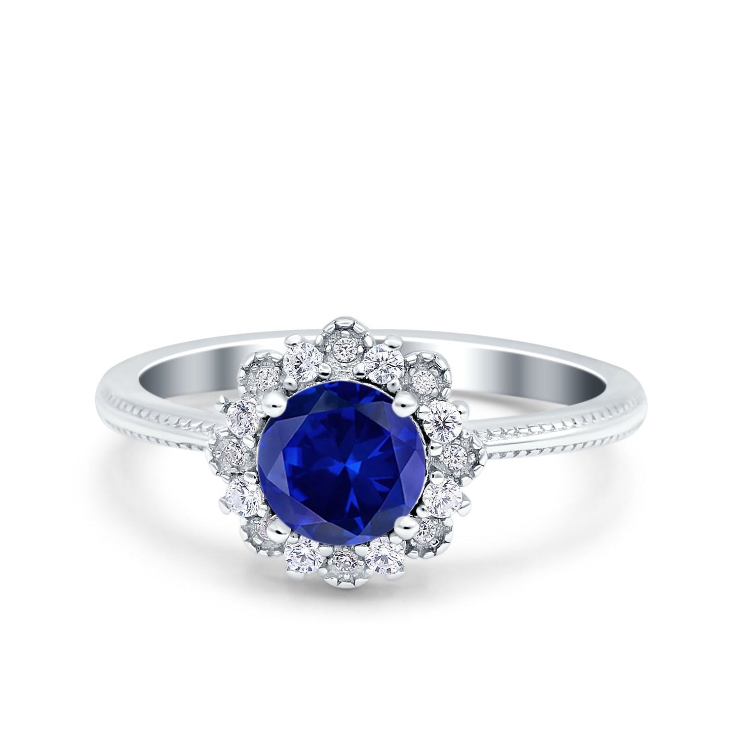 Halo Floral Style Art Deco Round Wedding Engagement Ring Simulated Blue Sapphire CZ