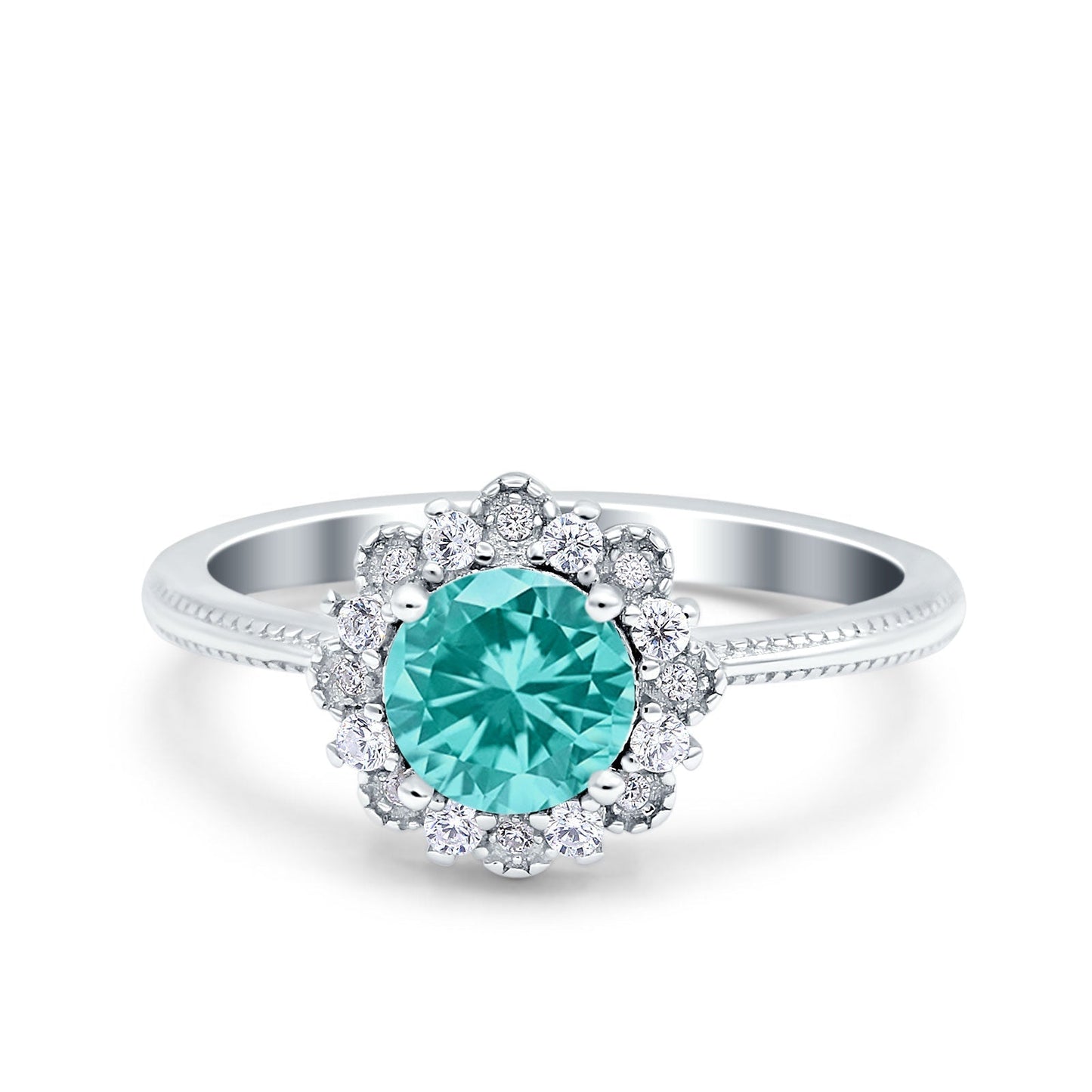 Halo Floral Style Art Deco Round Wedding Engagement Ring Simulated Paraiba Tourmaline CZ