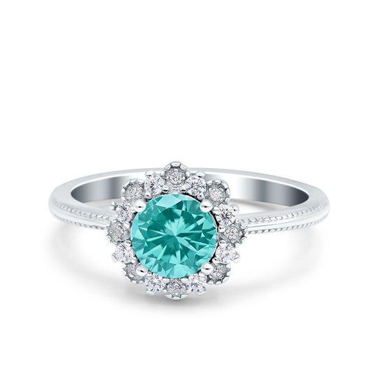 Halo Floral Style Art Deco Round Wedding Engagement Ring Simulated Paraiba Tourmaline CZ