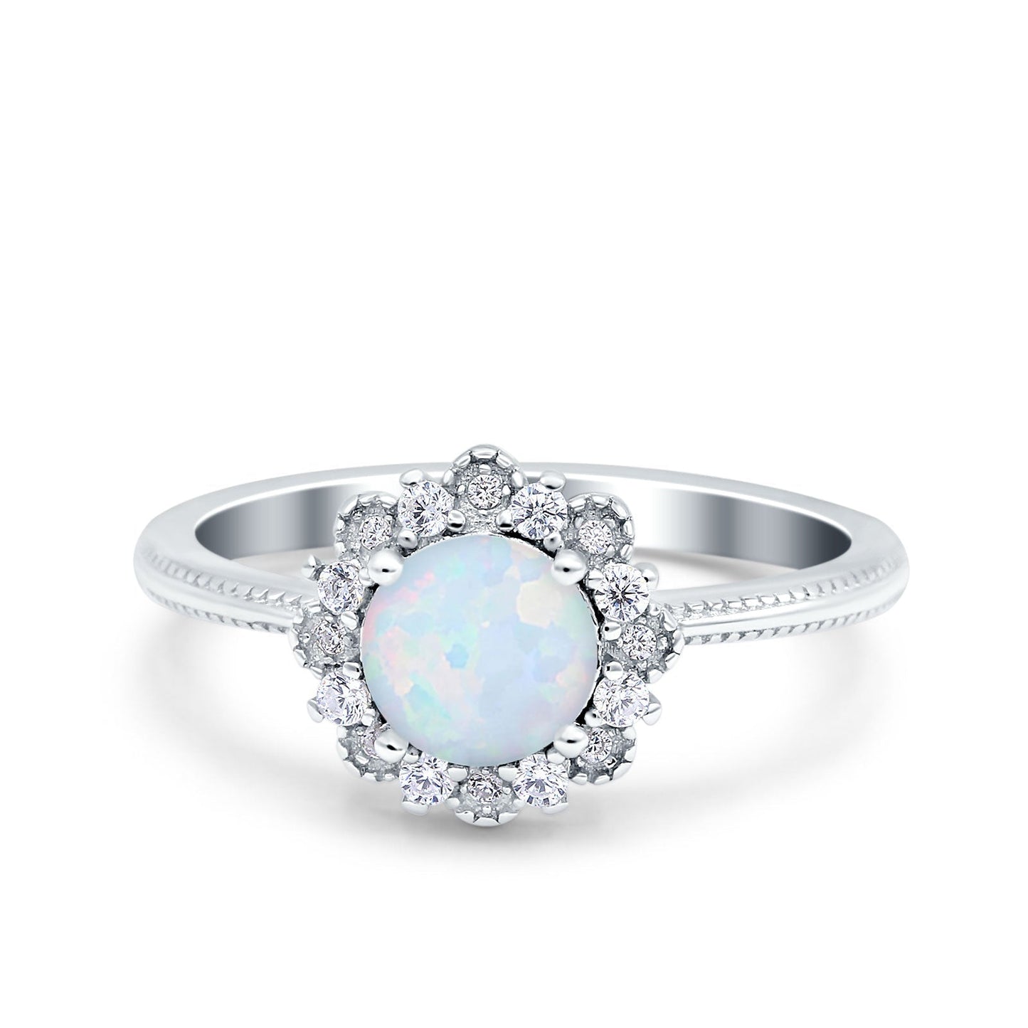 Halo Floral Style Art Deco Round Wedding Engagement Ring Lab Created White Opal