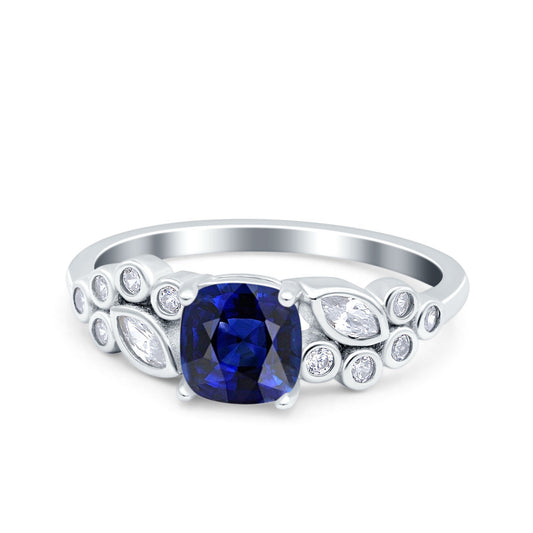 Vintage Style Cushion and Marquise Wedding Ring Simulated Blue Sapphire CZ