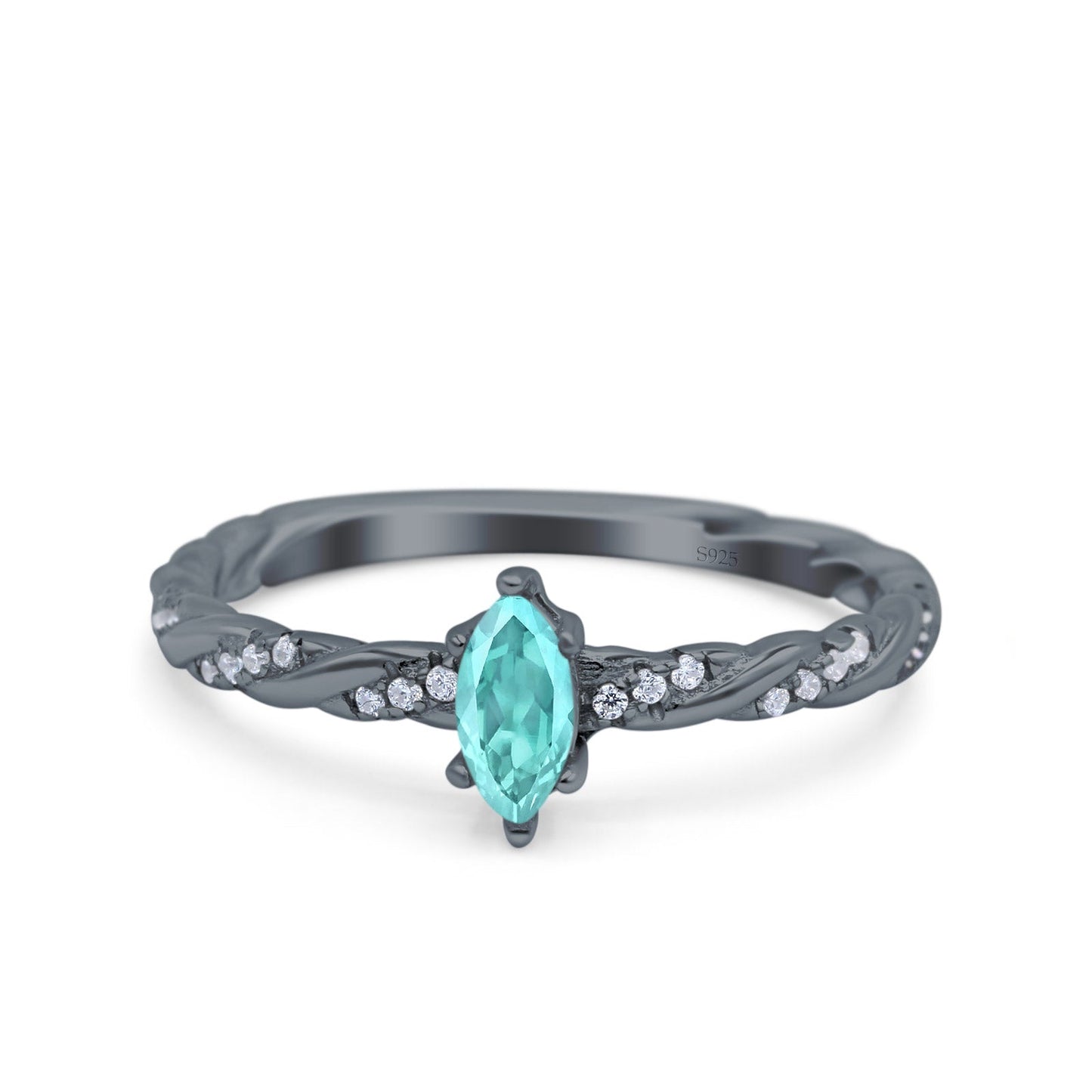 Vintage Style Twisted Band Marquise Wedding Ring Black Tone, Simulated Paraiba Tourmaline CZ