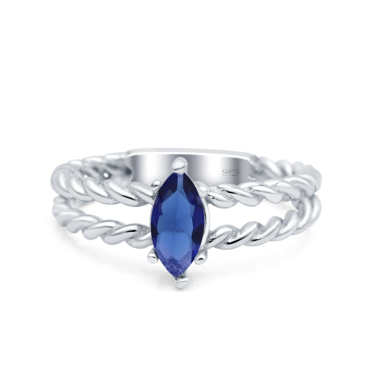 Double Rope Twisted Style Art Deco Marquise Wedding Ring Simulated Blue Sapphire CZ