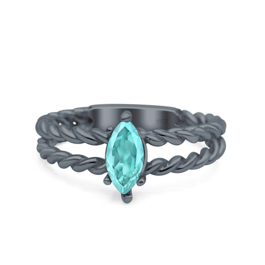 Double Rope Twisted Style Art Deco Marquise Wedding Ring Black Tone, Simulated Paraiba Tourmaline CZ