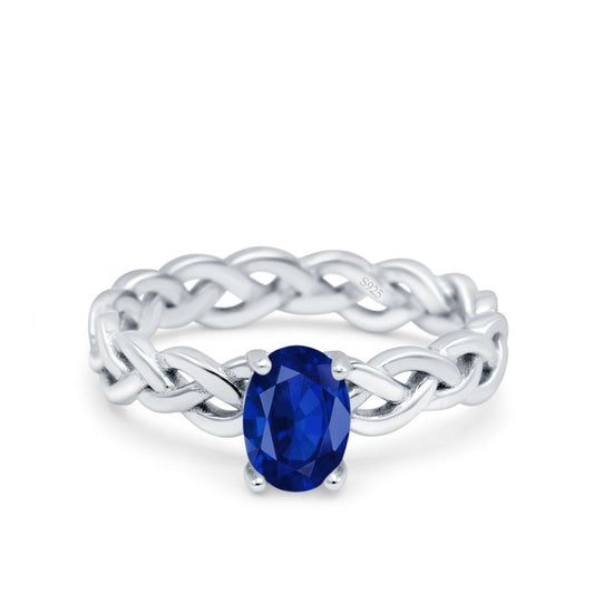 Celtic Weave Braided Style Oval Wedding Ring Simulated Blue Sapphire CZ