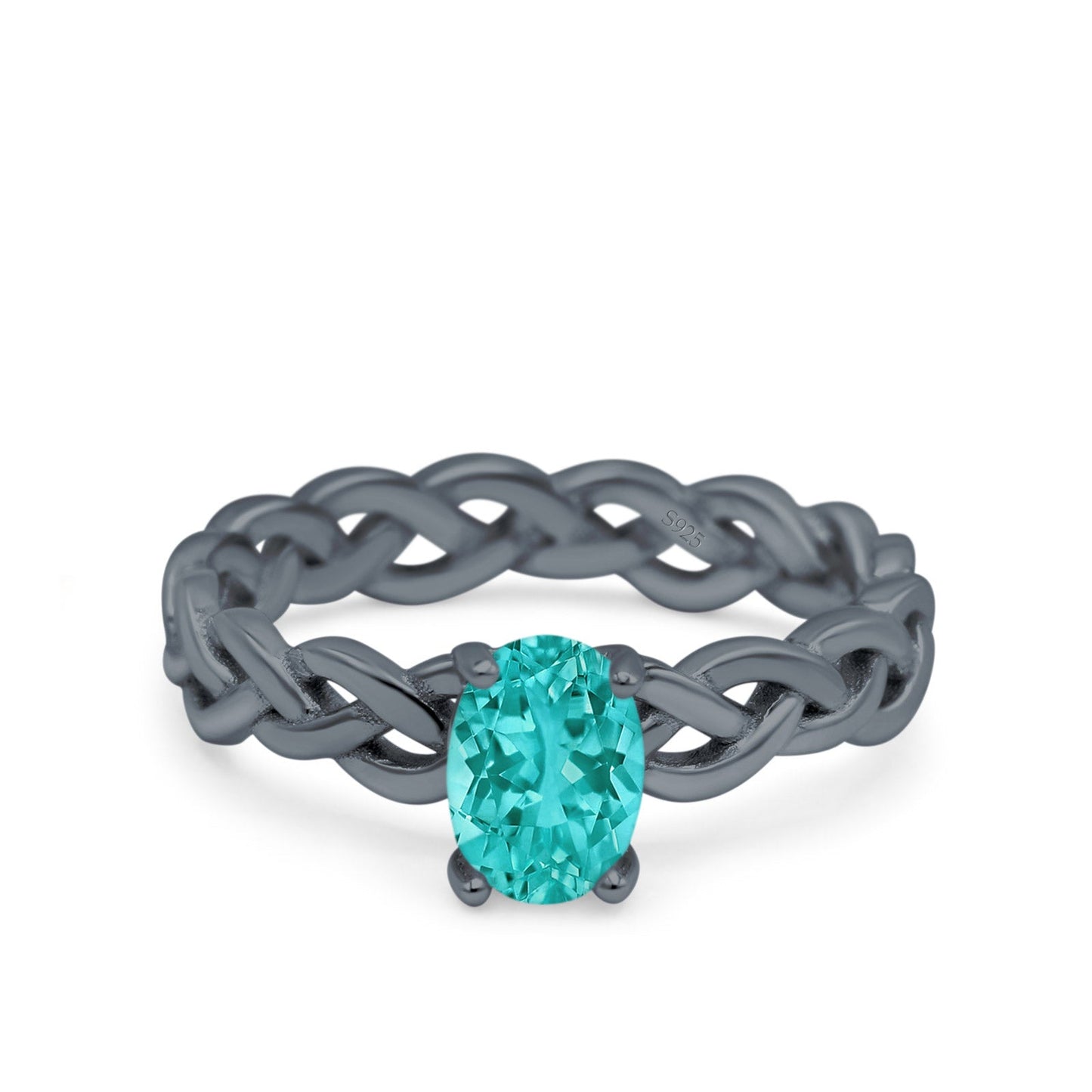 Celtic Weave Braided Style Oval Wedding Ring Black Tone, Simulated Paraiba Tourmaline CZ