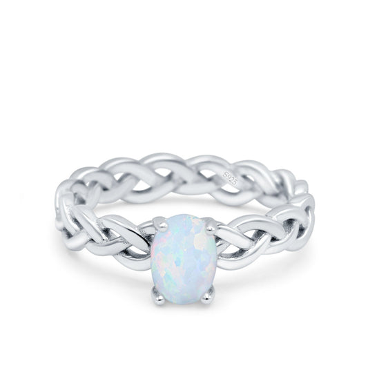 Celtic Weave Braided Style Oval Wedding Ring Lab Created White Opal