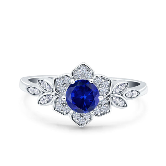 Halo Cluster Floral Wedding Ring Round Simulated Blue Sapphire CZ