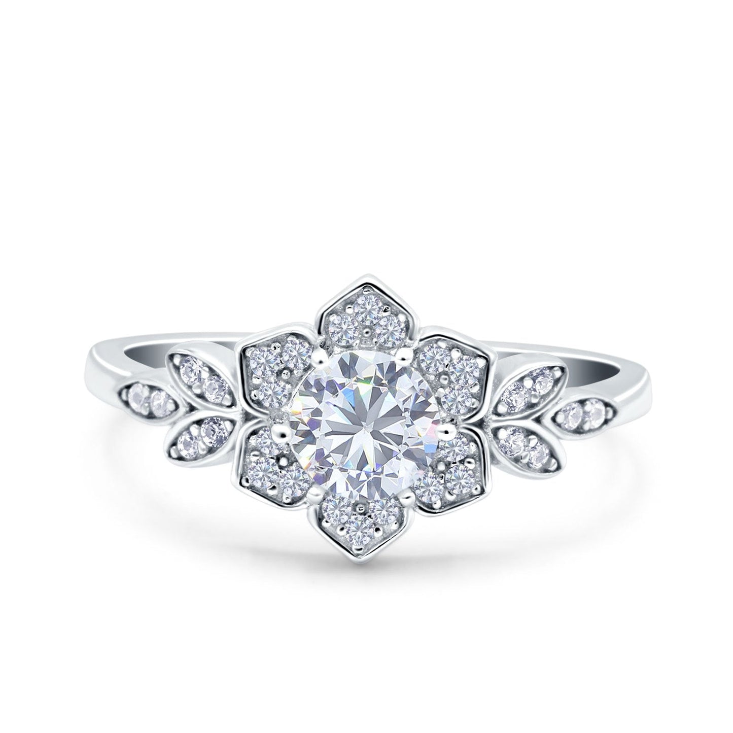 Halo Cluster Floral Wedding Ring Round Simulated Cubic Zirconia