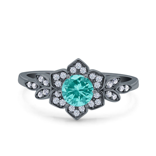 Halo Cluster Floral Wedding Ring Round Black Tone, Simulated Paraiba Tourmaline CZ