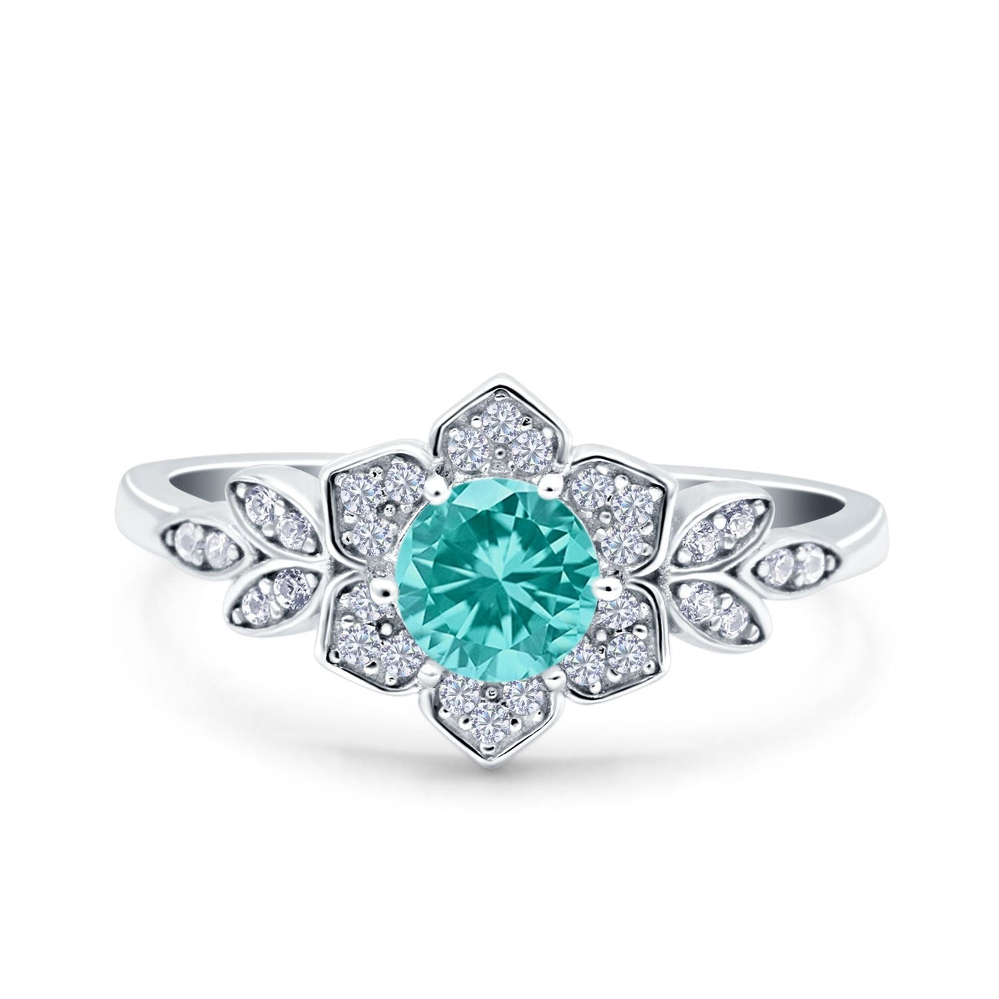 Halo Cluster Floral Wedding Ring Round Simulated Paraiba Tourmaline CZ