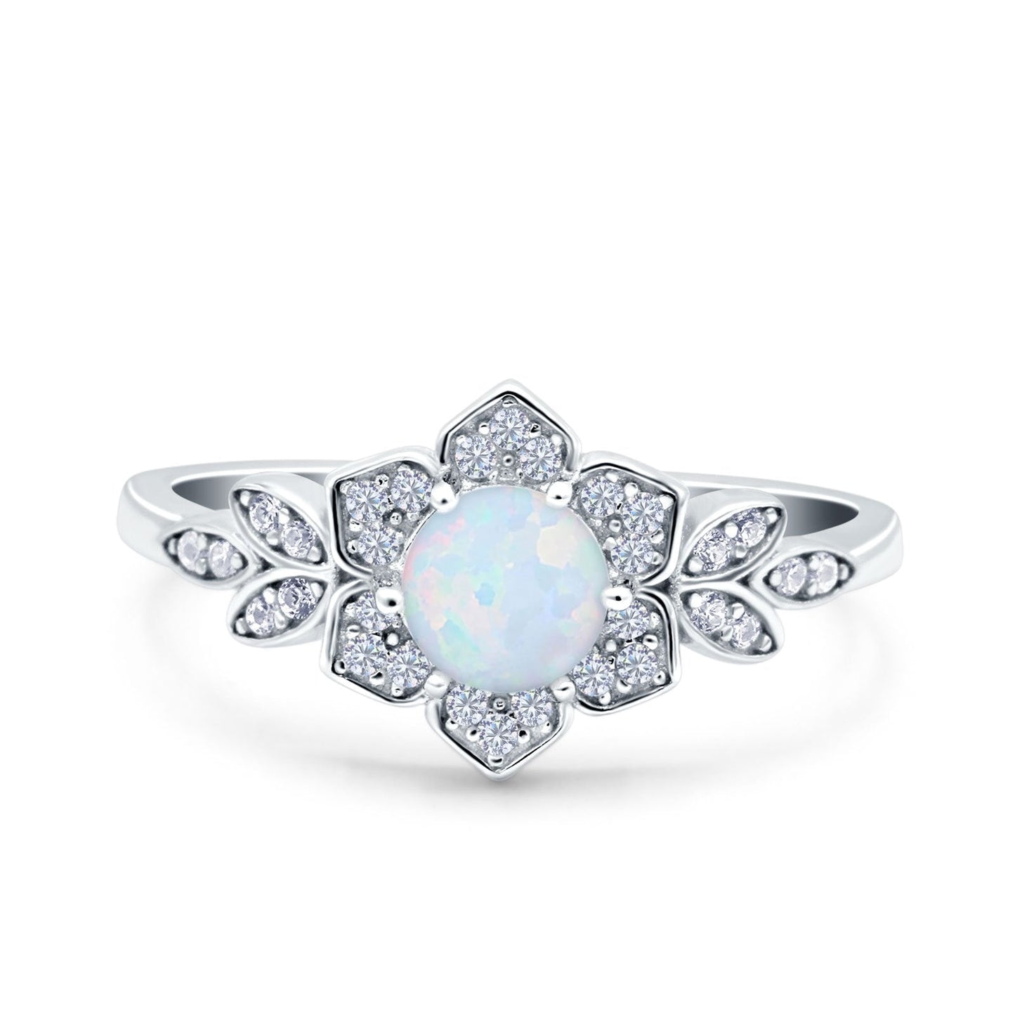 Halo Cluster Floral Wedding Ring Round Lab Created White Opal