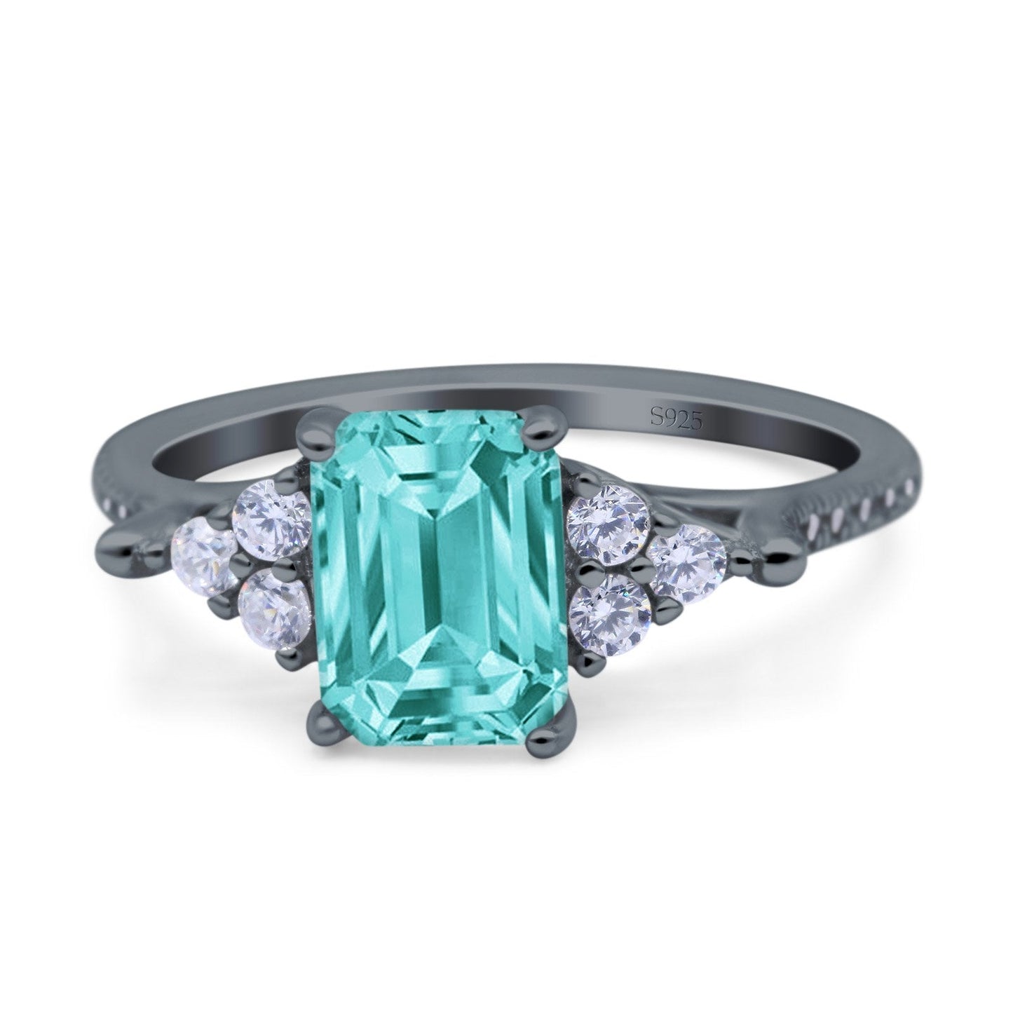 Art Deco Emerald Cut Wedding Bridal Ring Black Tone, Simulated Paraiba Tourmaline CZ