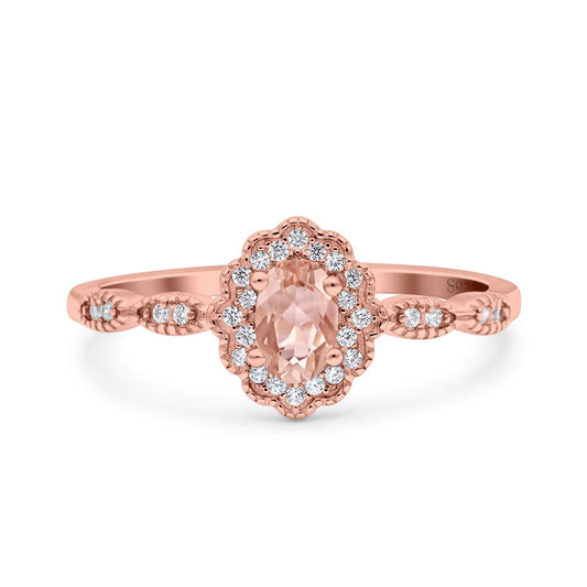 Halo Vintage Floral Art Deco Wedding Ring Oval Rose Tone, Simulated Morganite CZ