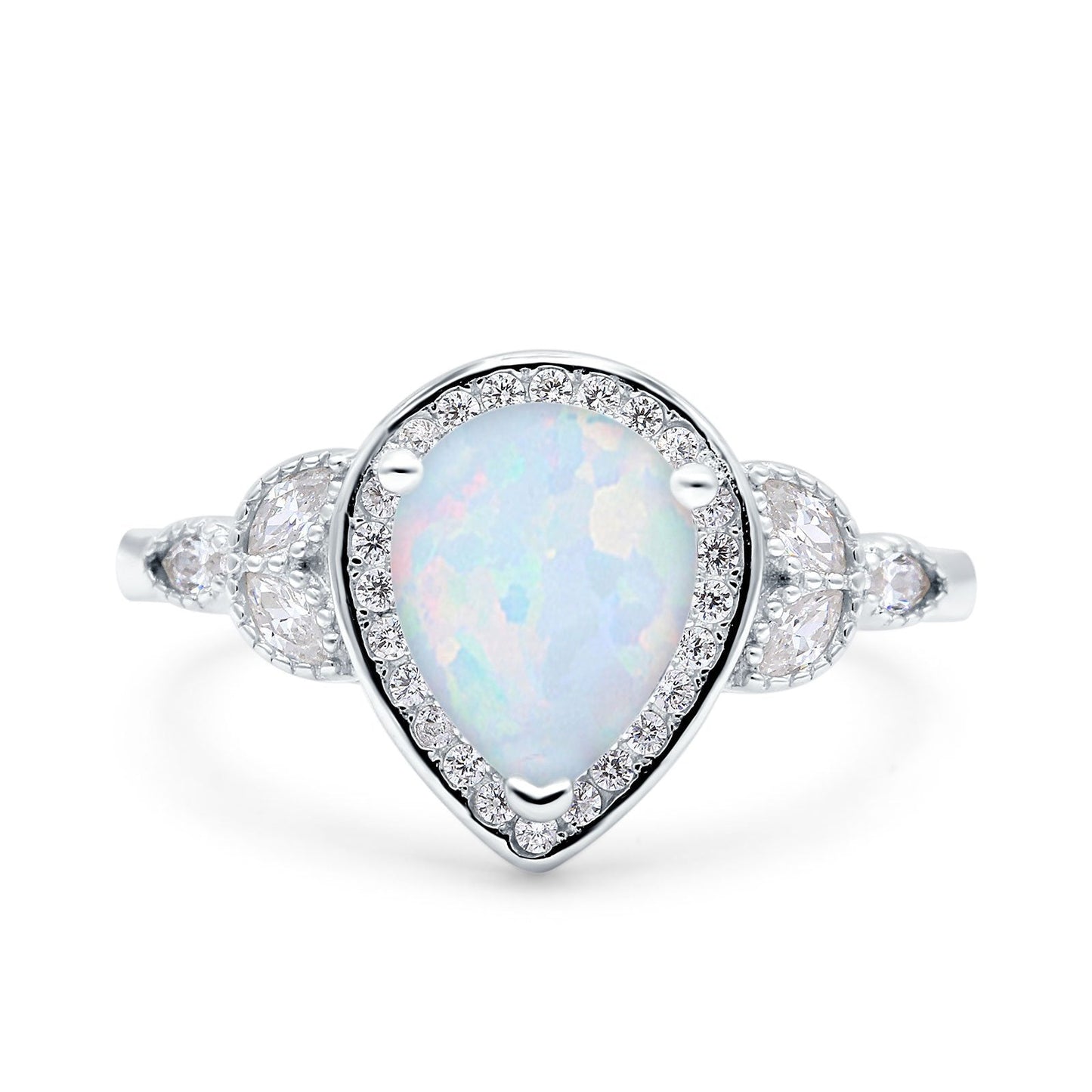 Halo Art Deco Wedding Pear Ring Lab Created White Opal