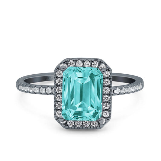 Emerald Cut Art Deco Wedding Ring Black Tone, Simulated Paraiba Tourmaline CZ