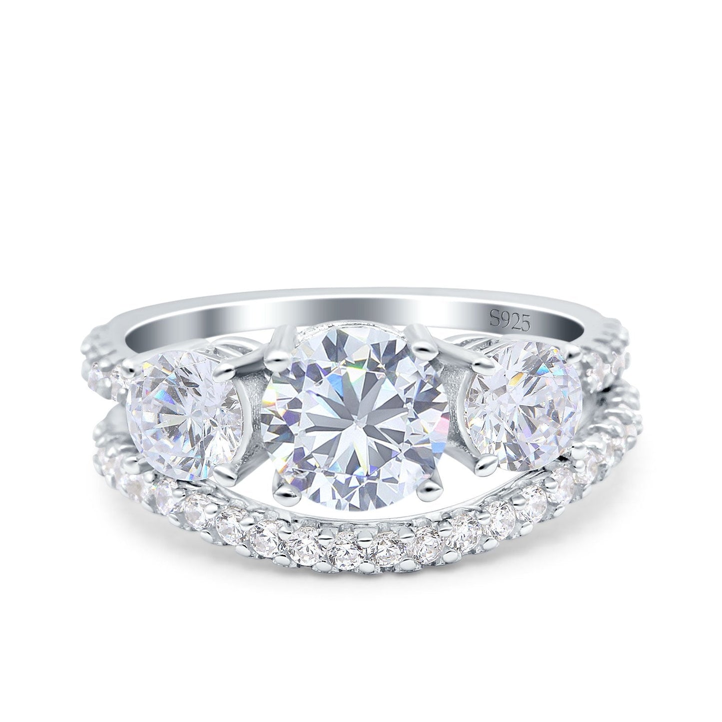 Three Stone Art Deco Wedding Piece Ring Round Simulated Cubic Zirconia