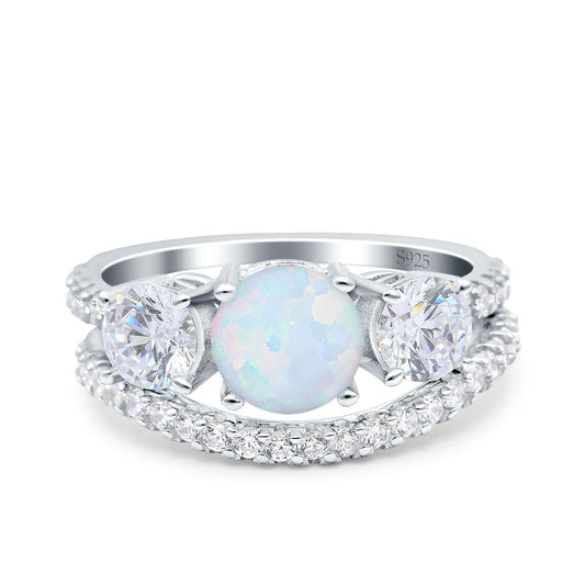 Three Stone Art Deco Wedding Piece Ring Round Lab Created White Opal