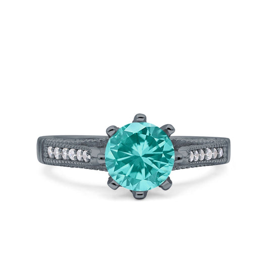 Art Deco Wedding Engagement Bridal Ring Black Tone, Simulated Paraiba Tourmaline Cubic Zirconia