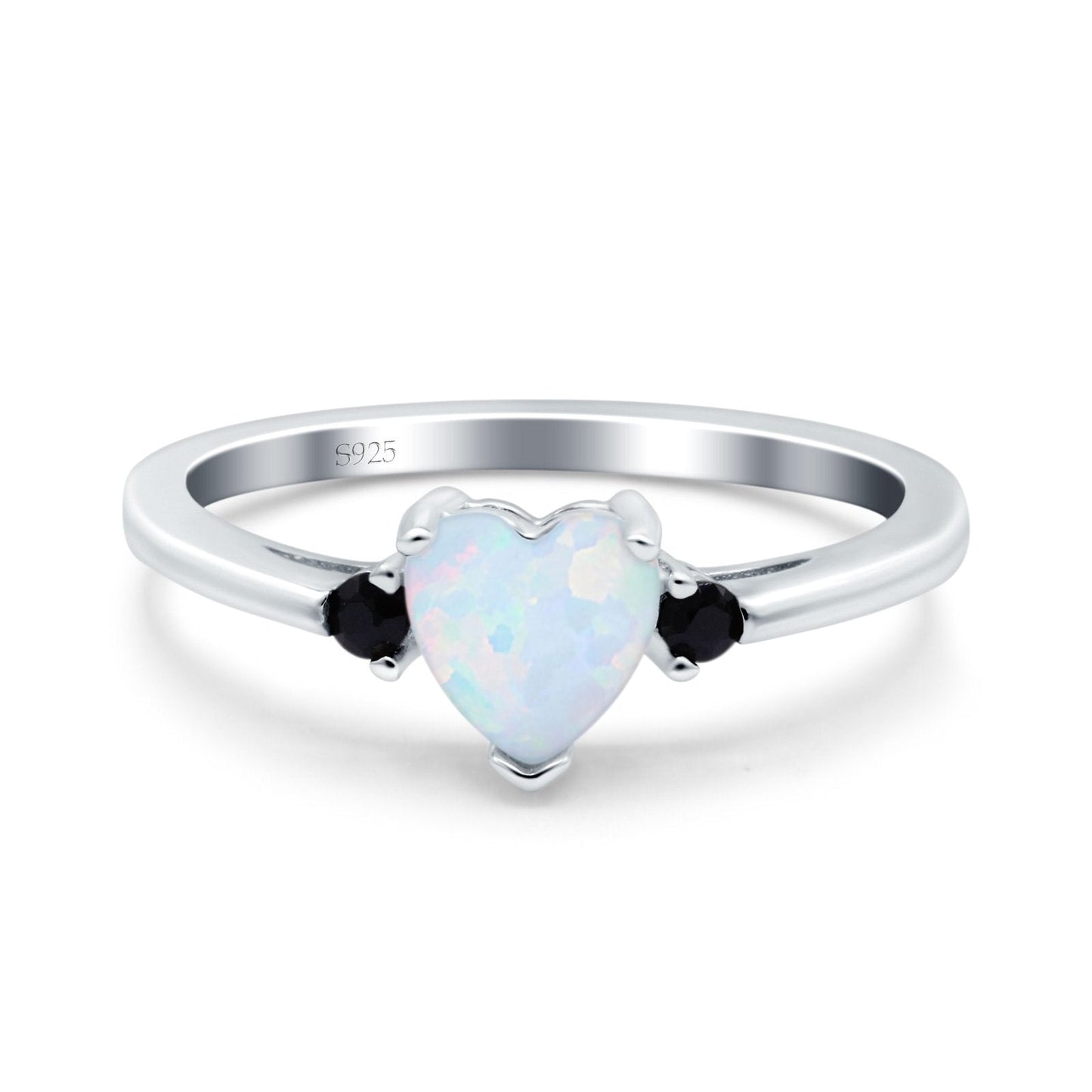 Art Deco Heart Three Stone Wedding Bridal Ring Round Black Lab Created White Opal