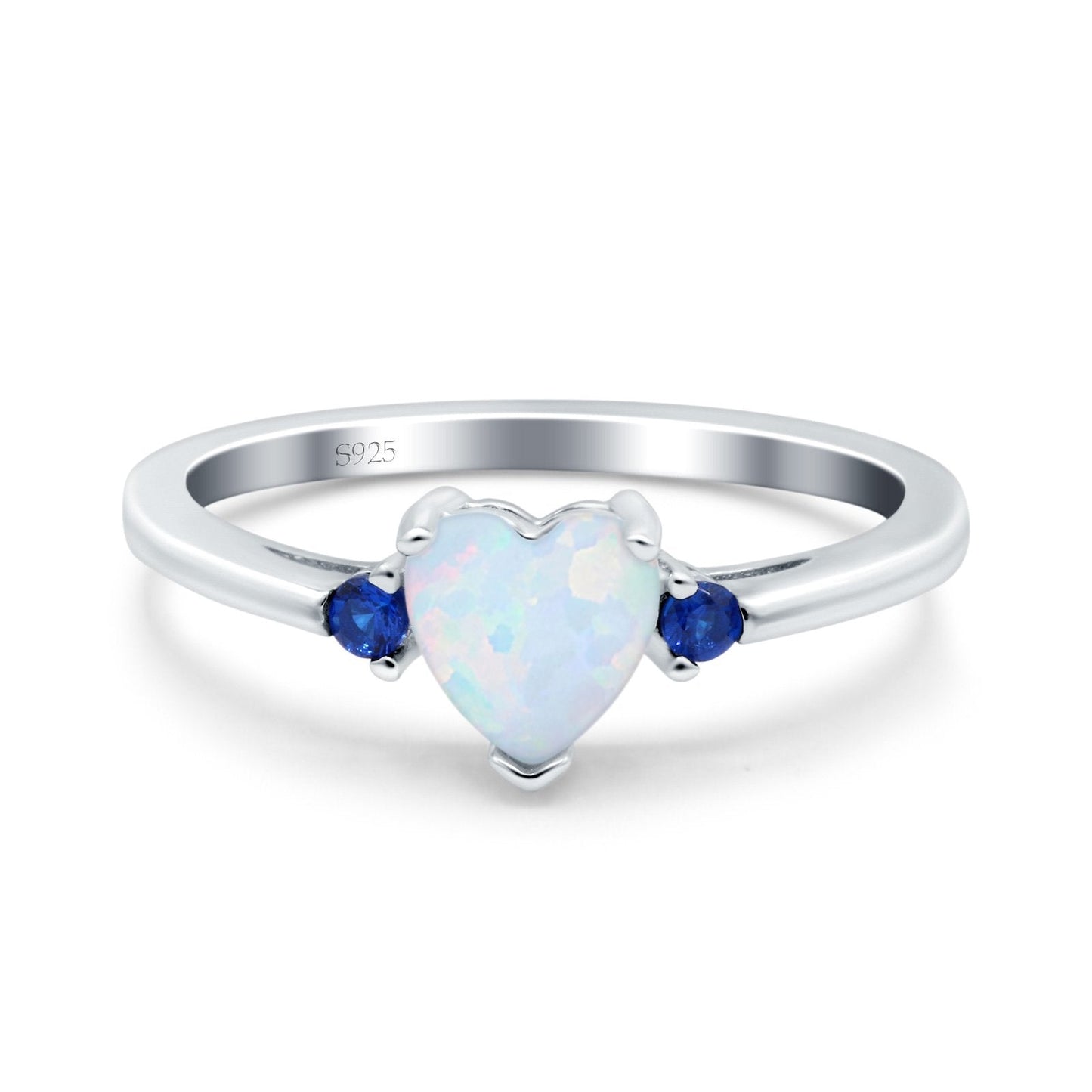 Art Deco Heart Three Stone Wedding Bridal Ring Round Blue Sapphire Lab Created White Opal